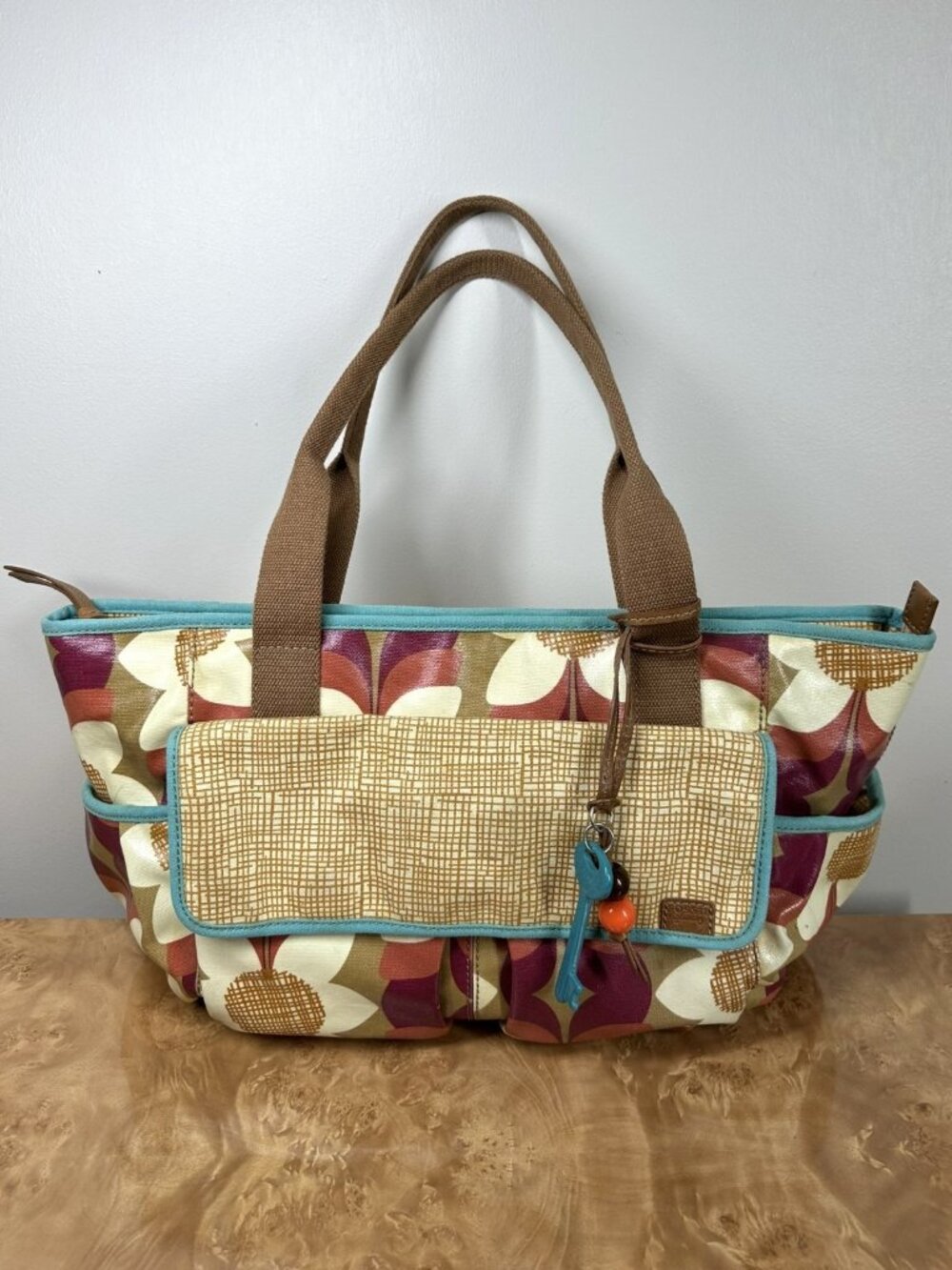 Fossil Key-Per Floral Coated Canvas Diaper Bag Large Tote Retro Y2K